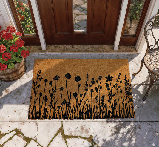 Wildflowers Silhouette Welcome Mat, Black Floral Natural Coir Doormat