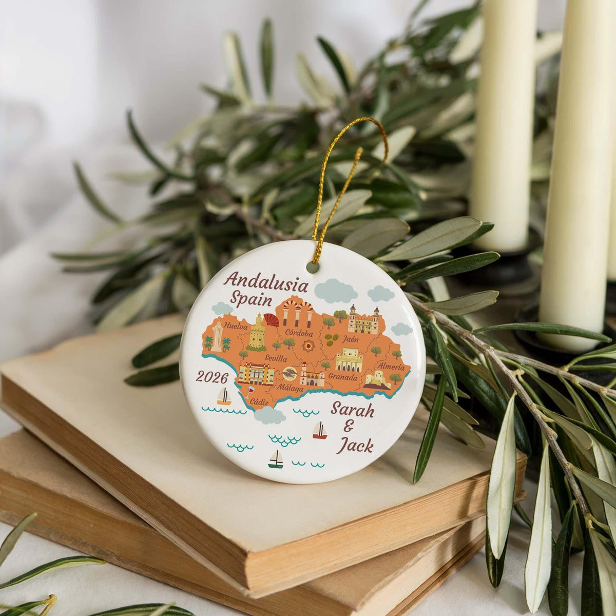 Custom Name Andalusia Map Ceramic Ornament, 2026 Spain Couple Vacation Keepsake