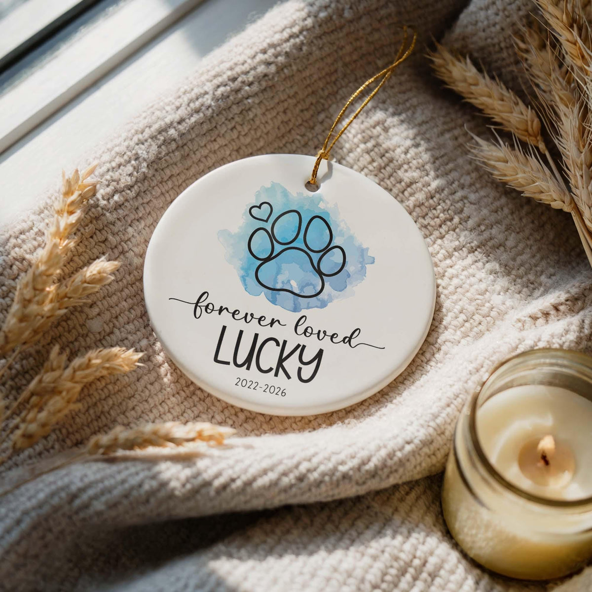 Personalized Dog Memorial Ceramic Ornament, Forever Loved Paw Illustration Design Keepsake