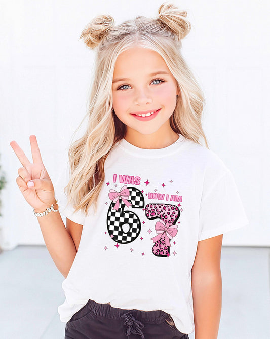 I Was 6 Now I'm 7 Birthday T-Shirt, Coquette 7th Birthday Girl Tee, Funny 6 7 Birthday Gift