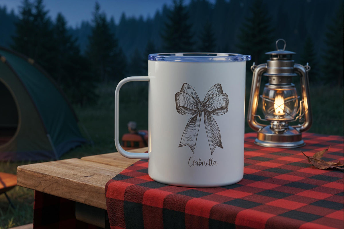 Personalized Coquette Bow Steel Mug, Cute Bow Coffee Mug, Custom Girly Teacup, Cute Coffee Cup