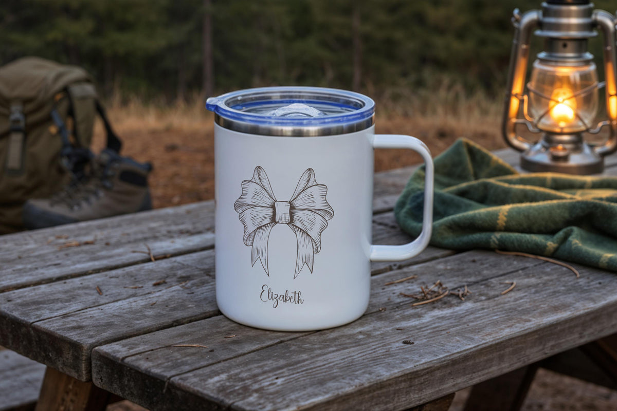 Personalized Coquette Bow Steel Mug, Cute Bow Coffee Mug, Custom Girly Teacup, Cute Coffee Cup