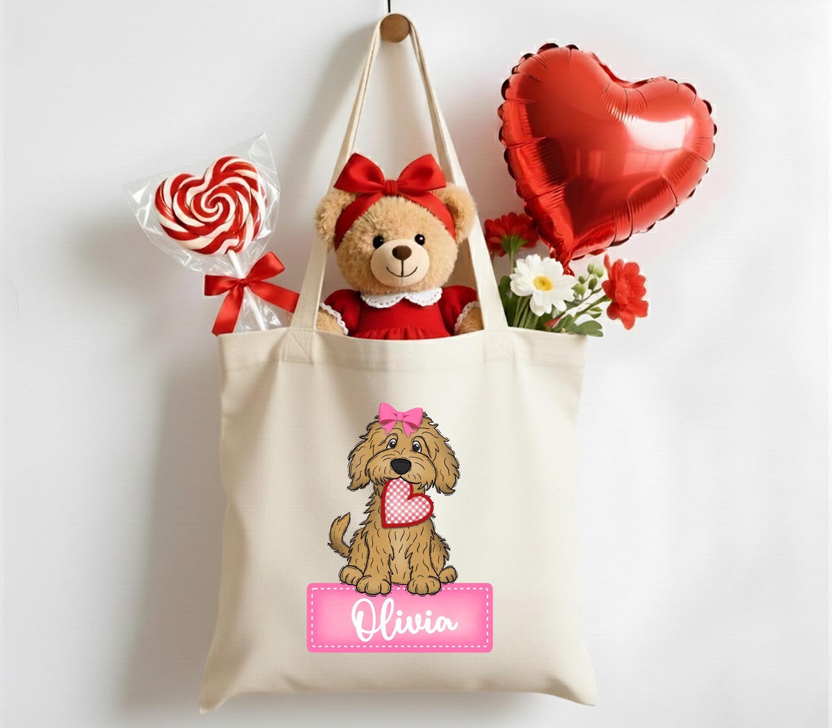 Personalized Valentine Tote Bag, Dog With Heart Tote Bag, Valentine's Day Kids Gift Bag