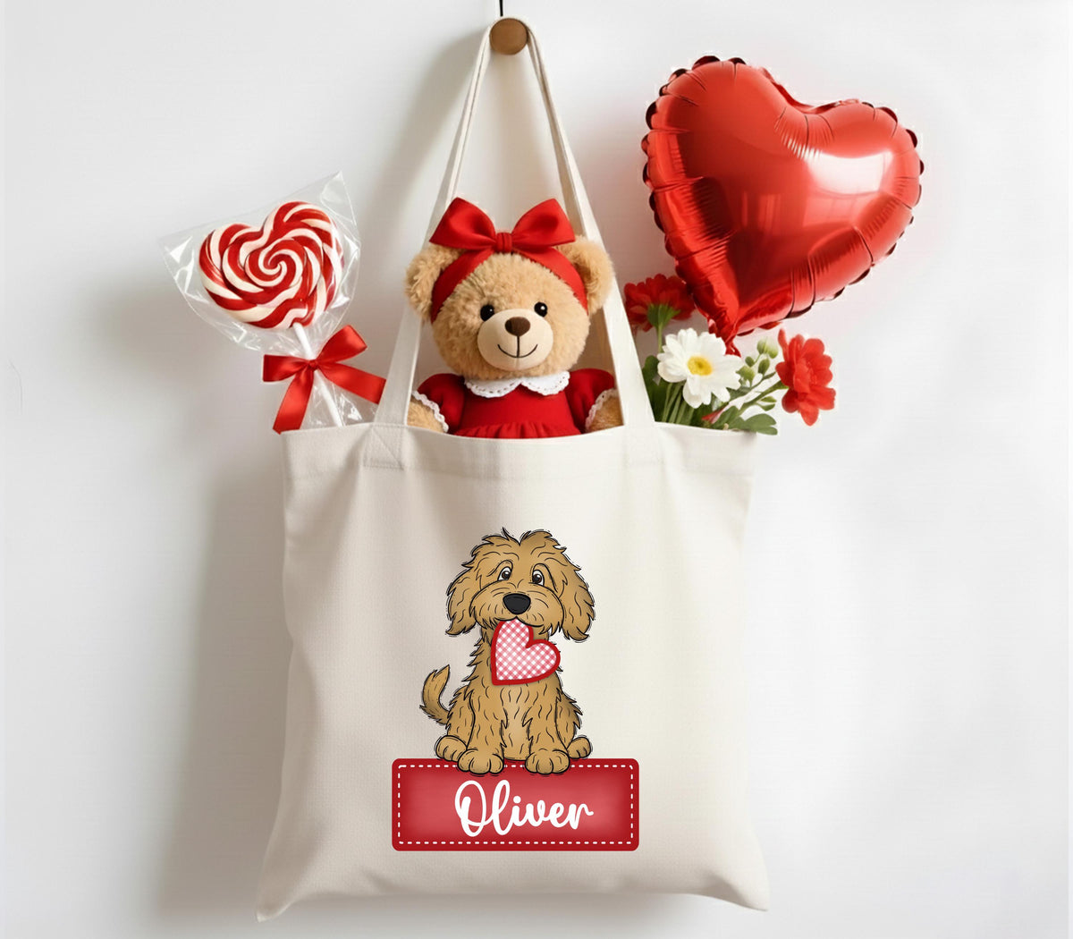 Personalized Valentine Tote Bag, Dog With Heart Tote Bag, Valentine's Day Kids Gift Bag