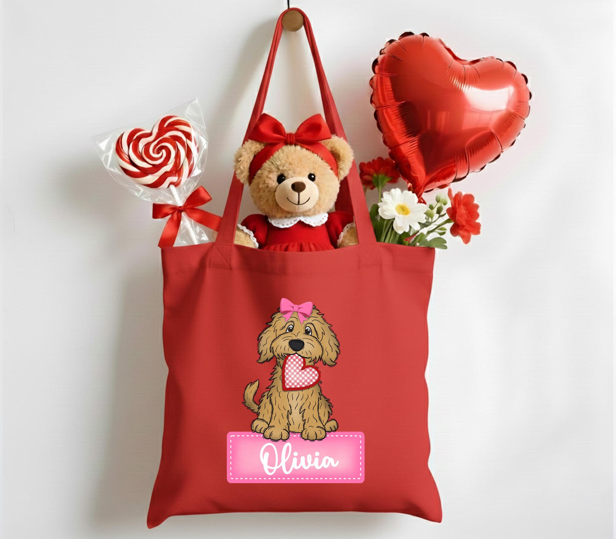 Personalized Valentine Tote Bag, Dog With Heart Tote Bag, Valentine's Day Kids Gift Bag