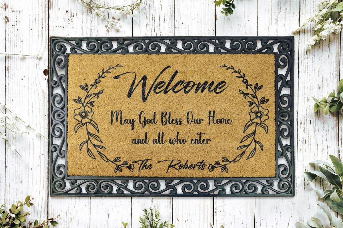 May God Bless Our Home Welcome Doormat, Custom Family Name Door Mat