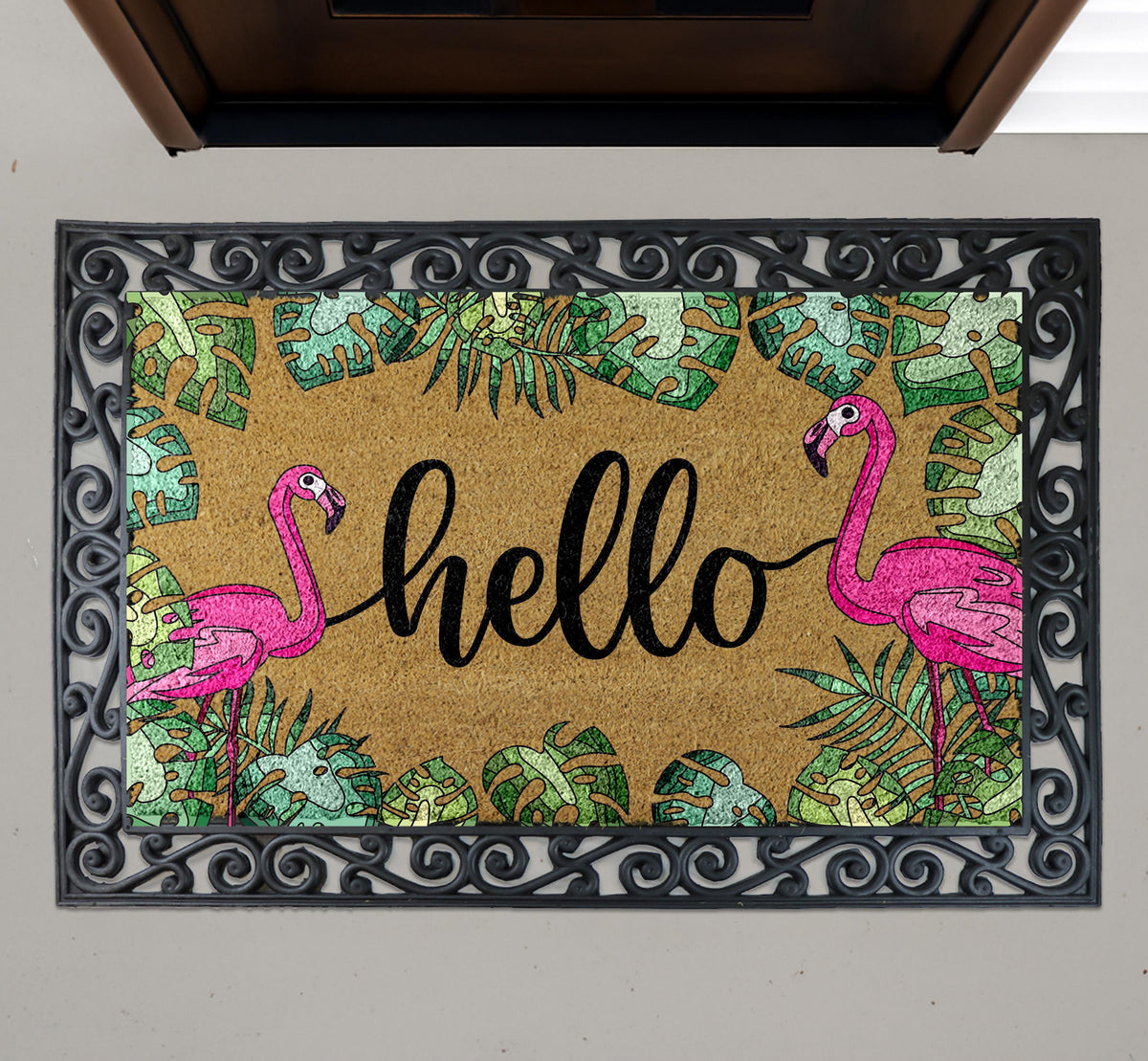Pink Flamingo Welcome Doormat, Tropical Coir Door Mat, Summer Porch & Beach House Decor