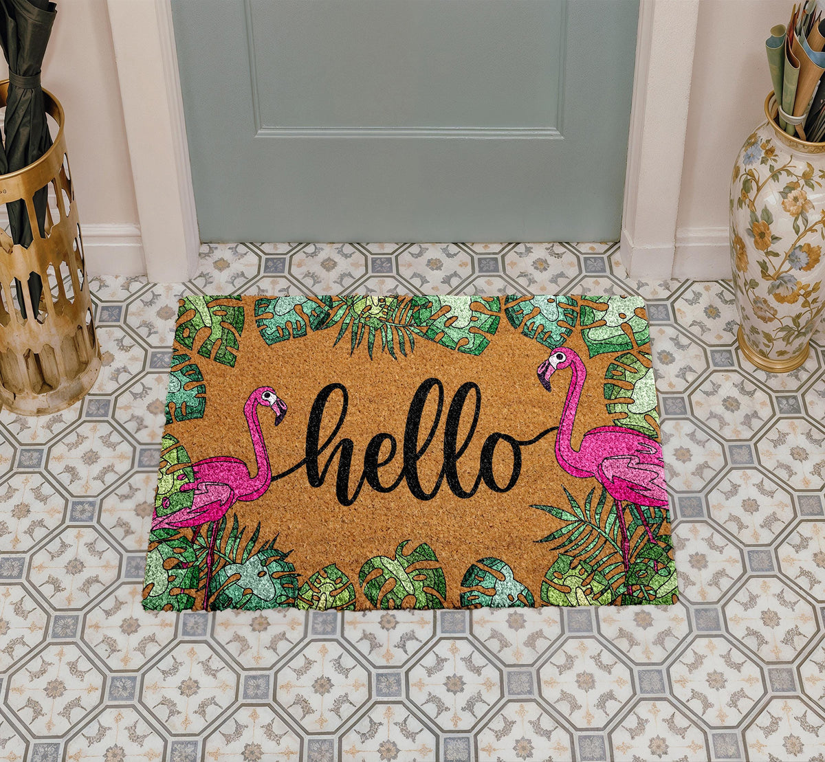 Pink Flamingo Welcome Doormat, Tropical Coir Door Mat, Summer Porch & Beach House Decor