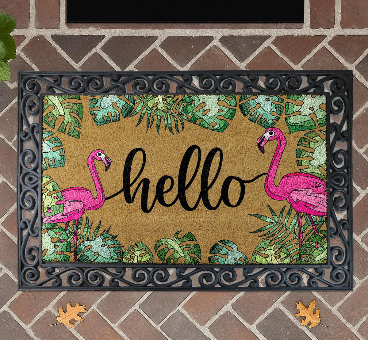Pink Flamingo Welcome Doormat, Tropical Coir Door Mat, Summer Porch & Beach House Decor