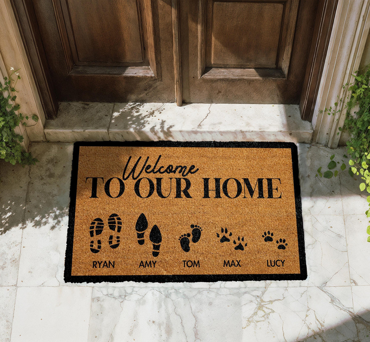 Custom Family Name Doormat, Personalized Welcome Mat with Pet Paw Prints, Outdoor Porch Rug