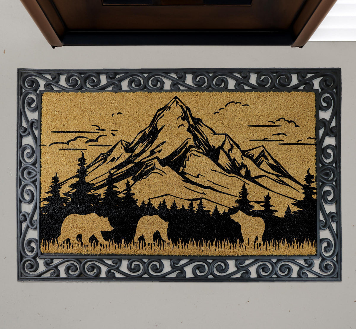 Mountain Landscape Doormat, Bears & Trees Camping Welcome Mat, Rustic Wilderness Home Decor