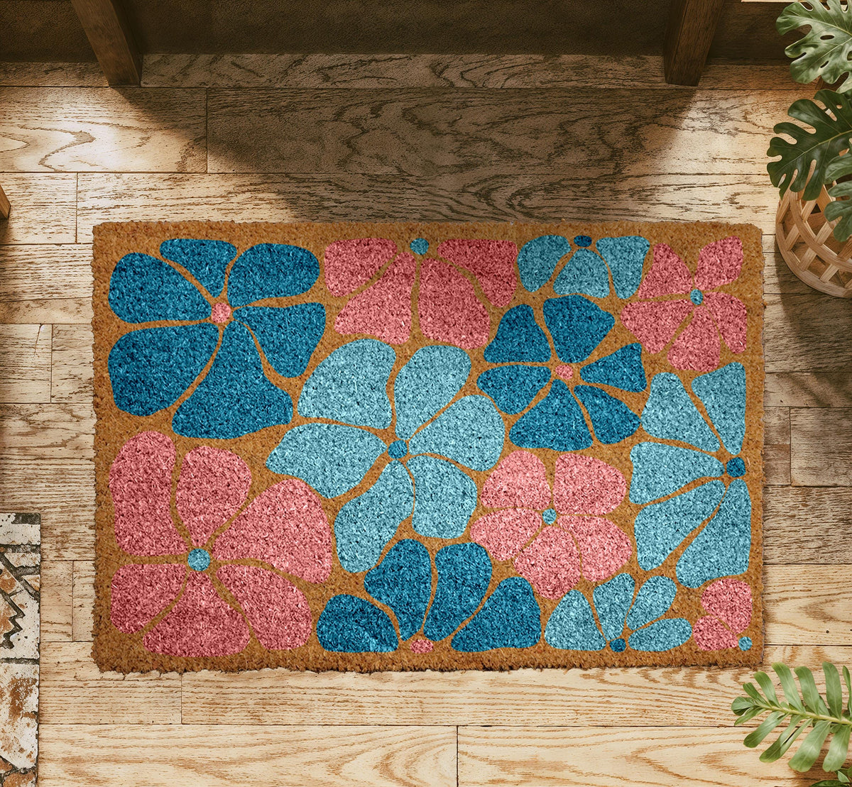 Colourful Floral Entrance Doormat, Floral Welcome Mat, Pretty Flower Design Porch Decor