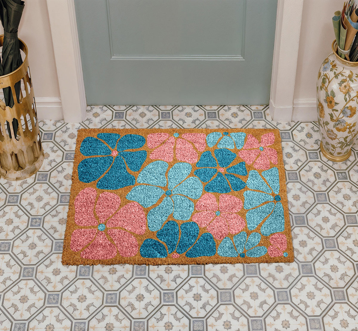 Colourful Floral Entrance Doormat, Floral Welcome Mat, Pretty Flower Design Porch Decor