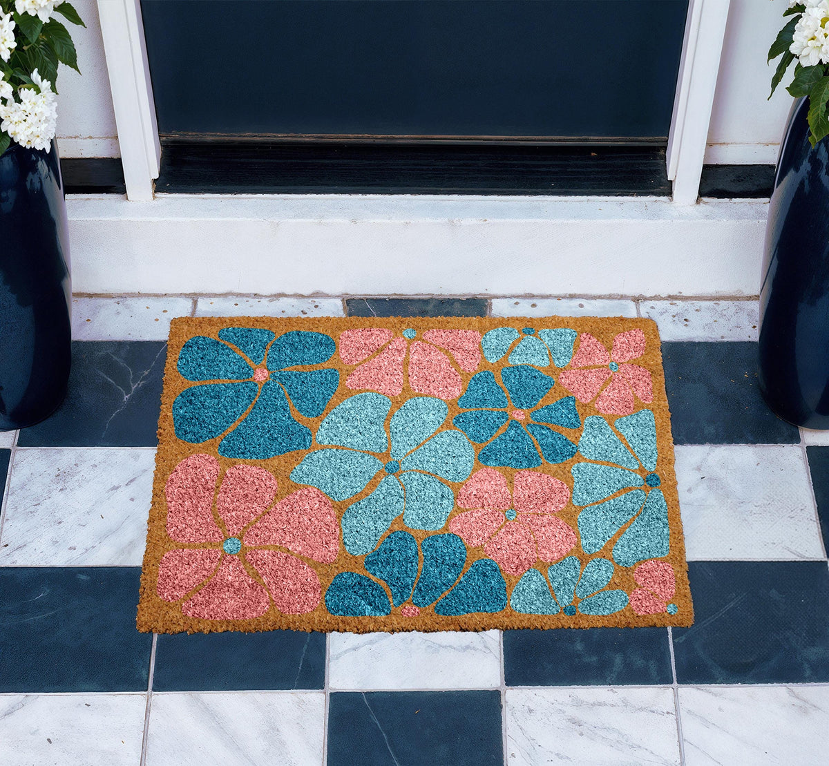 Colourful Floral Entrance Doormat, Floral Welcome Mat, Pretty Flower Design Porch Decor