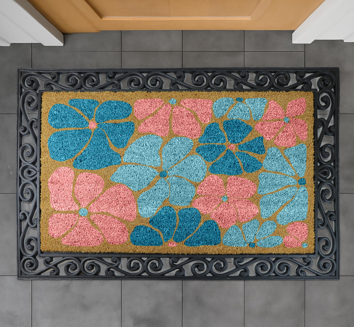 Colourful Floral Entrance Doormat, Floral Welcome Mat, Pretty Flower Design Porch Decor