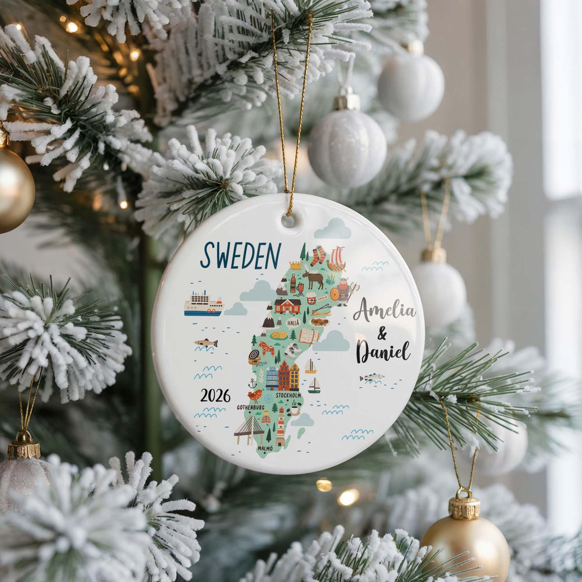 Personalized Sweden Map Ceramic Ornament, Couple's Travel Keepsake