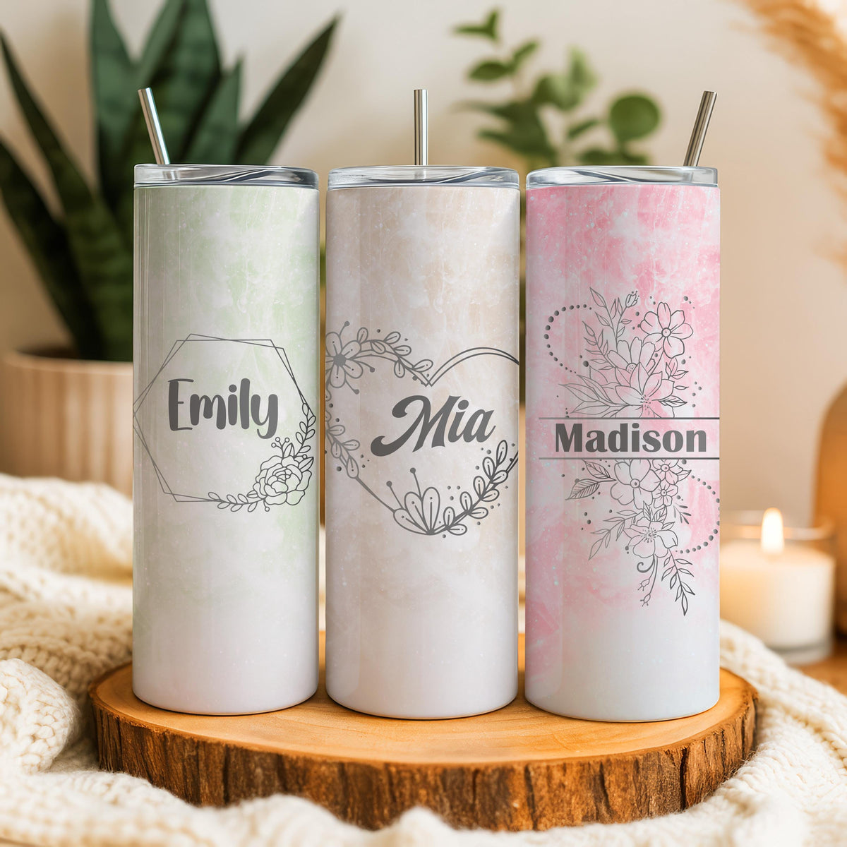 Personalized Flower Design Tumbler With Straw, Custom Colorful Floral Coffee Cup