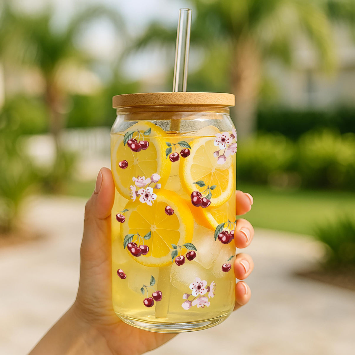 Personalized Cherries And Flowers Glass Tumbler