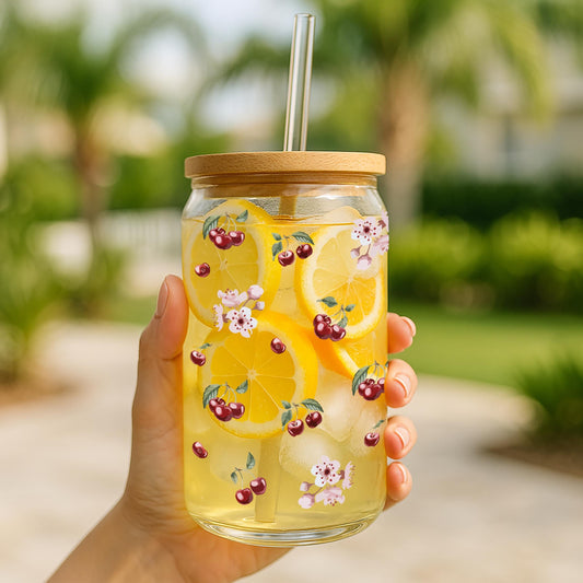 Personalized Cherries And Flowers Glass Tumbler