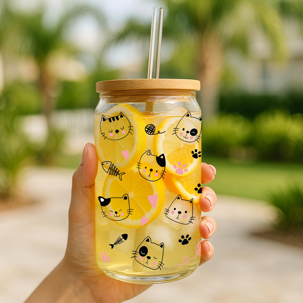 Cat Faces With Pink Paw Marks Glass Cup, Cute Cats And Fish Bones Tumbler, Cat Owners Gift