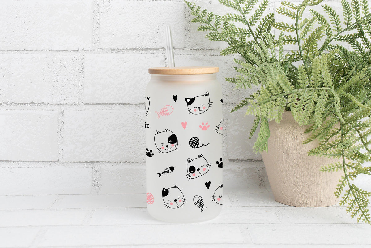 Cat Faces With Pink Paw Marks Glass Cup, Cute Cats And Fish Bones Tumbler, Cat Owners Gift