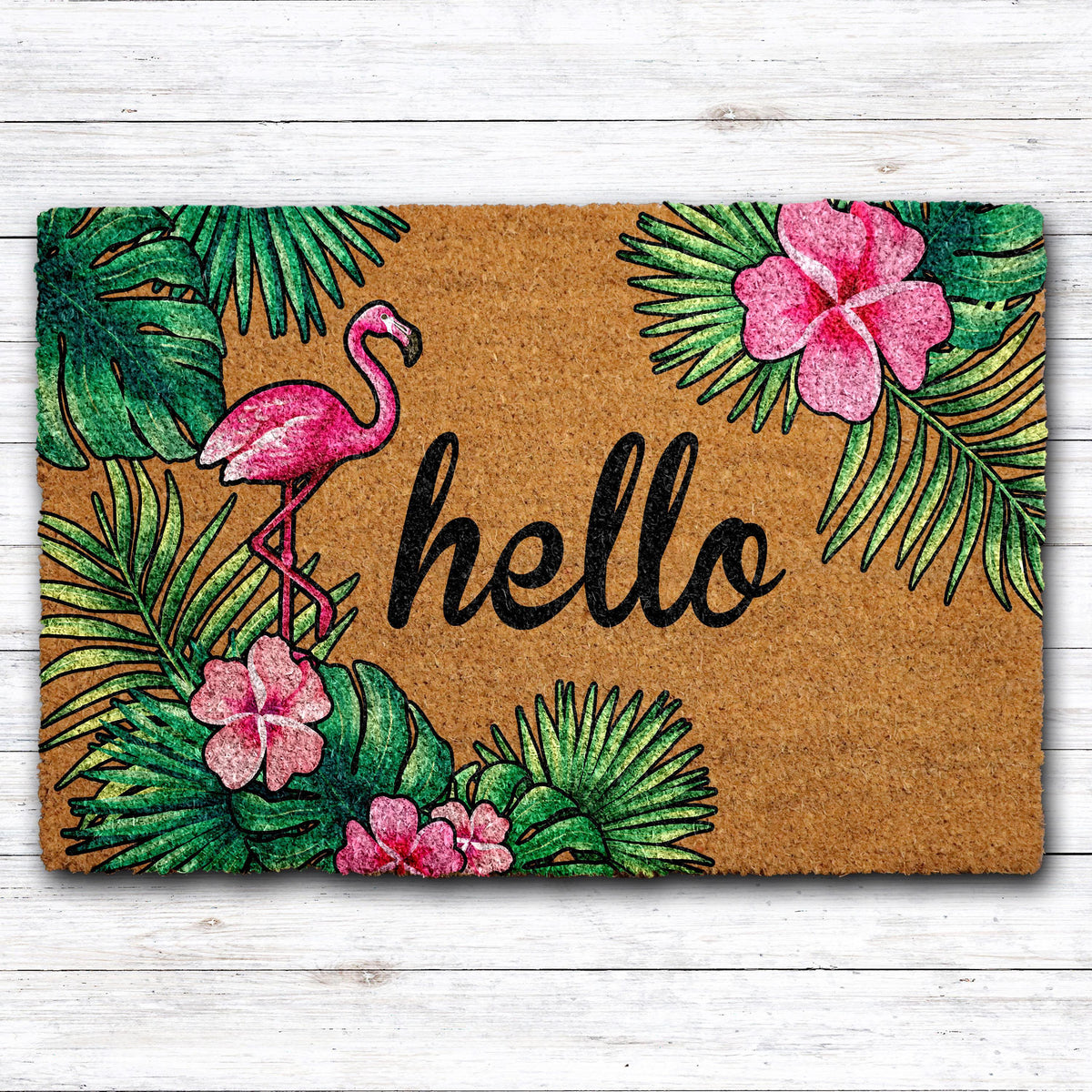 Tropical Vibe Welcome Mat, Pink Flamingos Doormat, Beach House Entryway Natural Coir Mat
