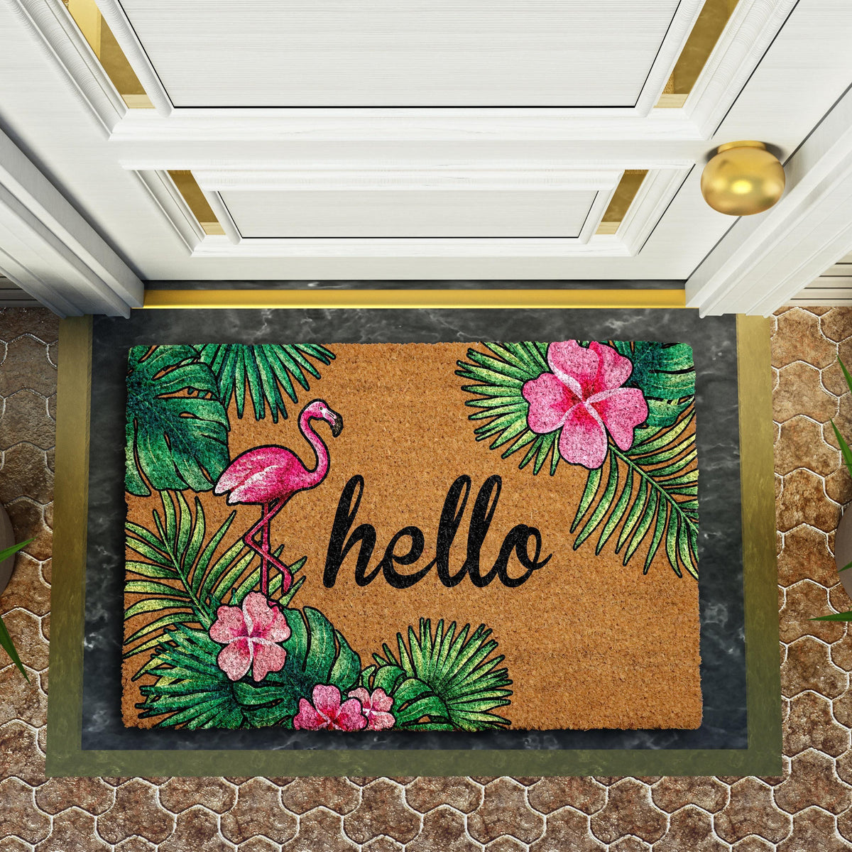 Tropical Vibe Welcome Mat, Pink Flamingos Doormat, Beach House Entryway Natural Coir Mat