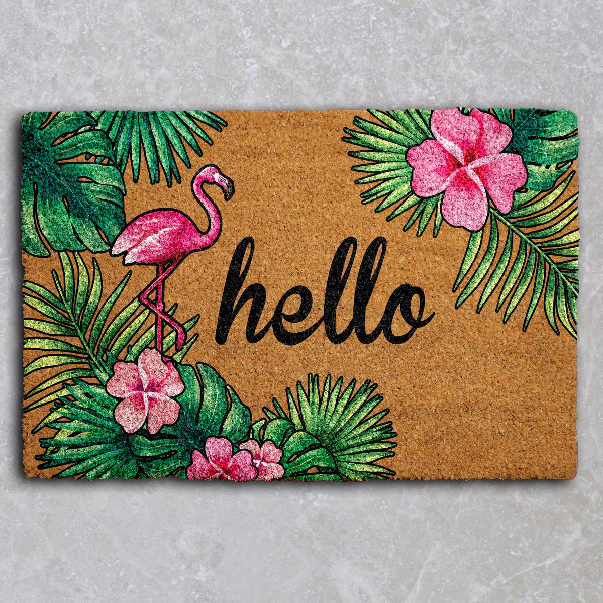 Tropical Vibe Welcome Mat, Pink Flamingos Doormat, Beach House Entryway Natural Coir Mat