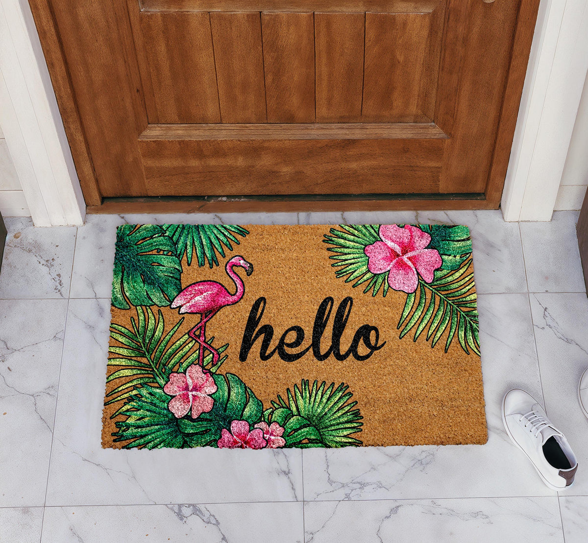 Tropical Vibe Welcome Mat, Pink Flamingos Doormat, Beach House Entryway Natural Coir Mat