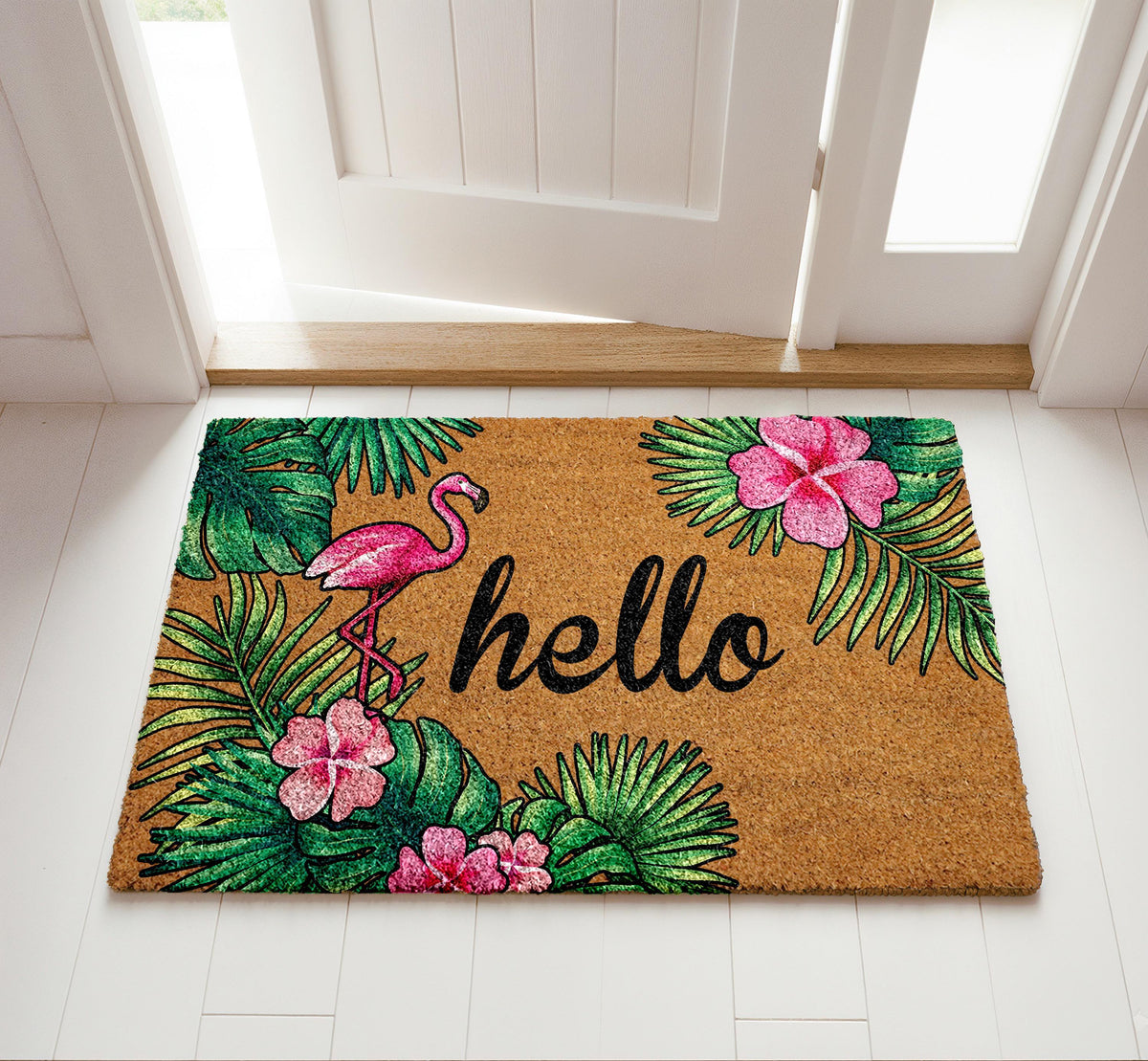 Tropical Vibe Welcome Mat, Pink Flamingos Doormat, Beach House Entryway Natural Coir Mat