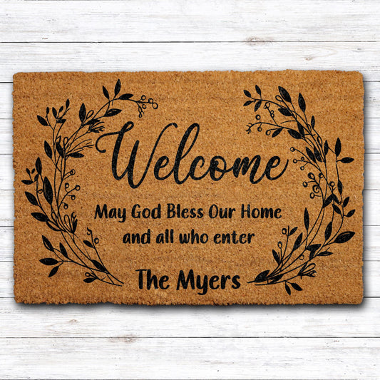 May God Bless Our Home Welcome Mat, Custom Name Believer Family Doormat