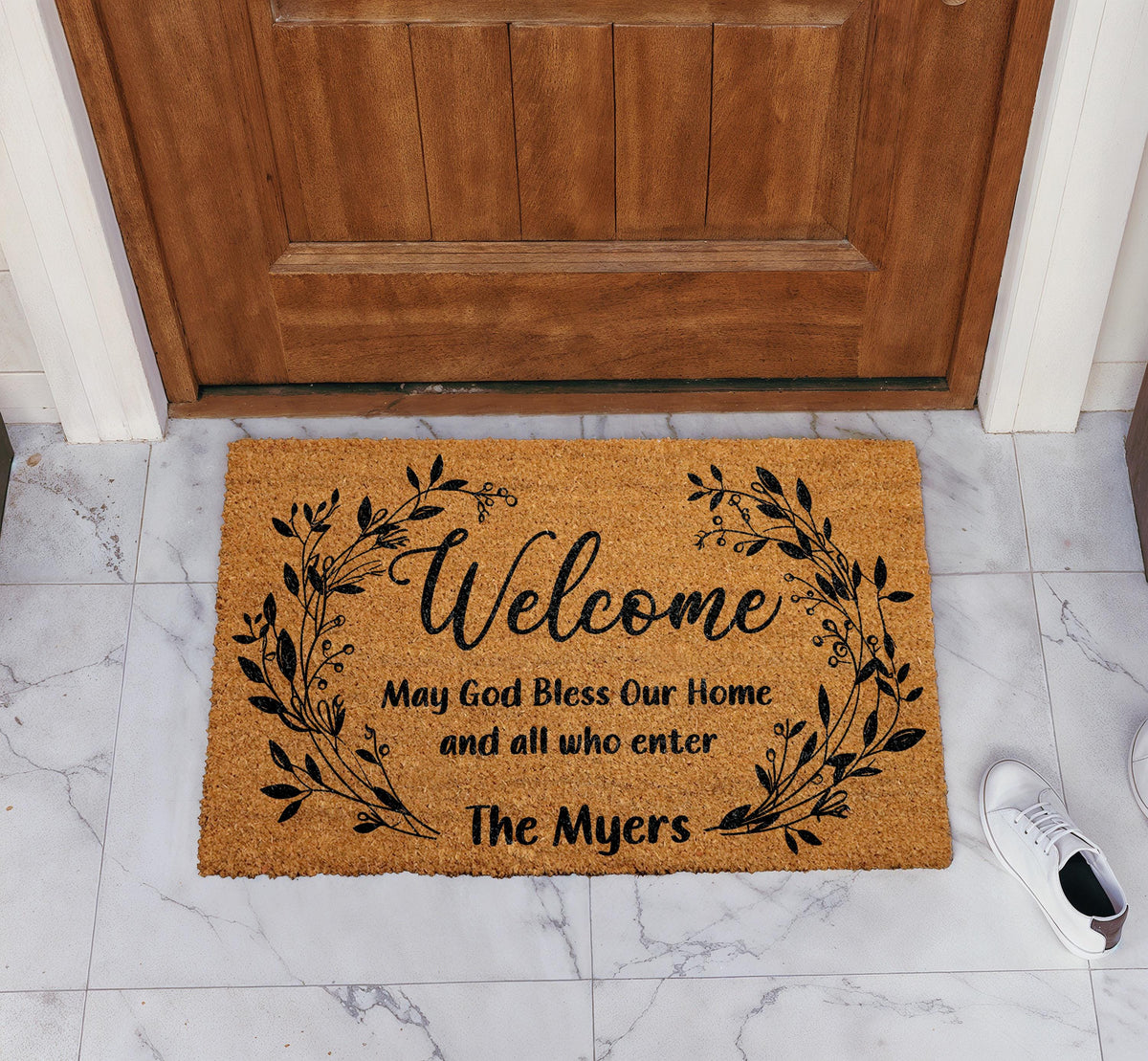 May God Bless Our Home Welcome Mat, Custom Name Believer Family Doormat