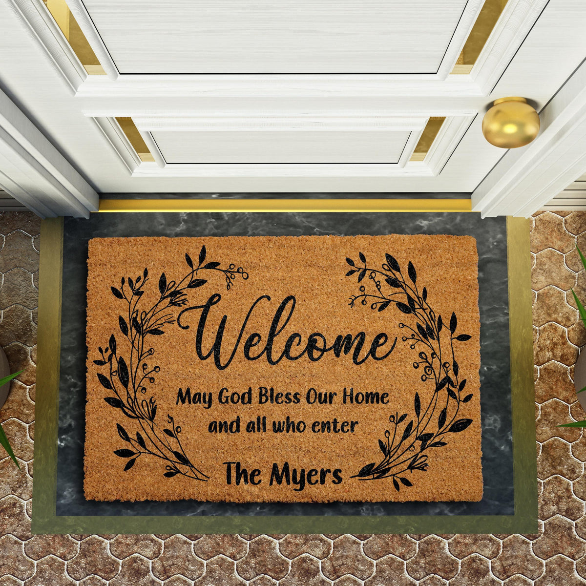 May God Bless Our Home Welcome Mat, Custom Name Believer Family Doormat