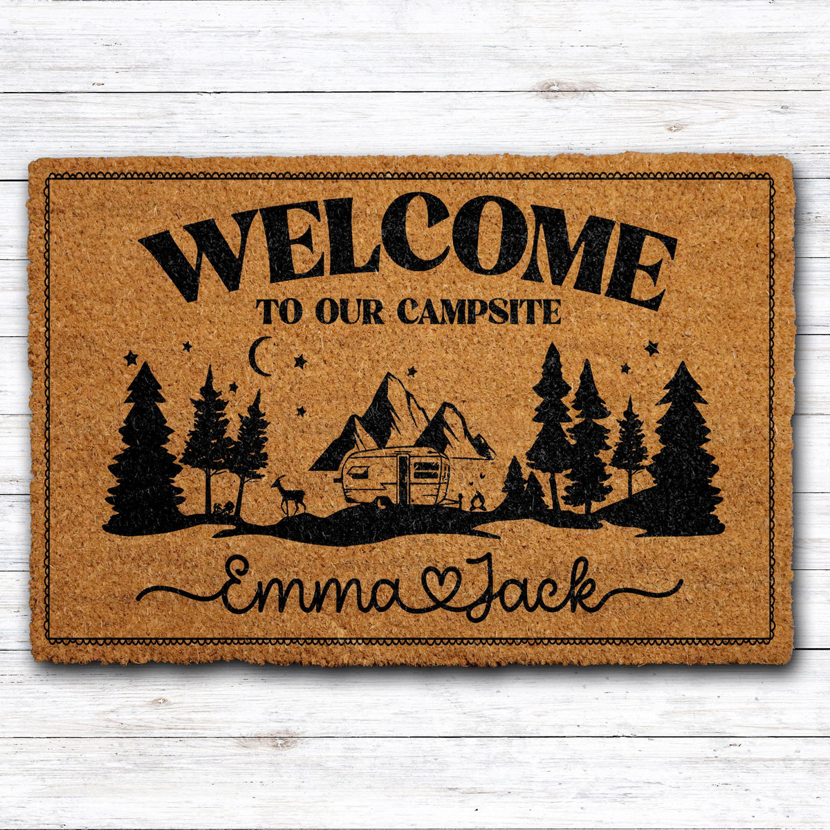 Custom Name Welcome To Our Campsite Doormat, Personalized Camper Couple Welcome Mat