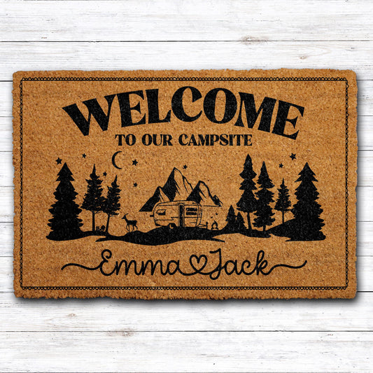 Custom Name Welcome To Our Campsite Doormat, Personalized Camper Couple Welcome Mat