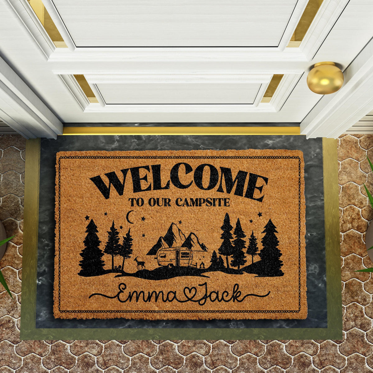 Custom Name Welcome To Our Campsite Doormat, Personalized Camper Couple Welcome Mat