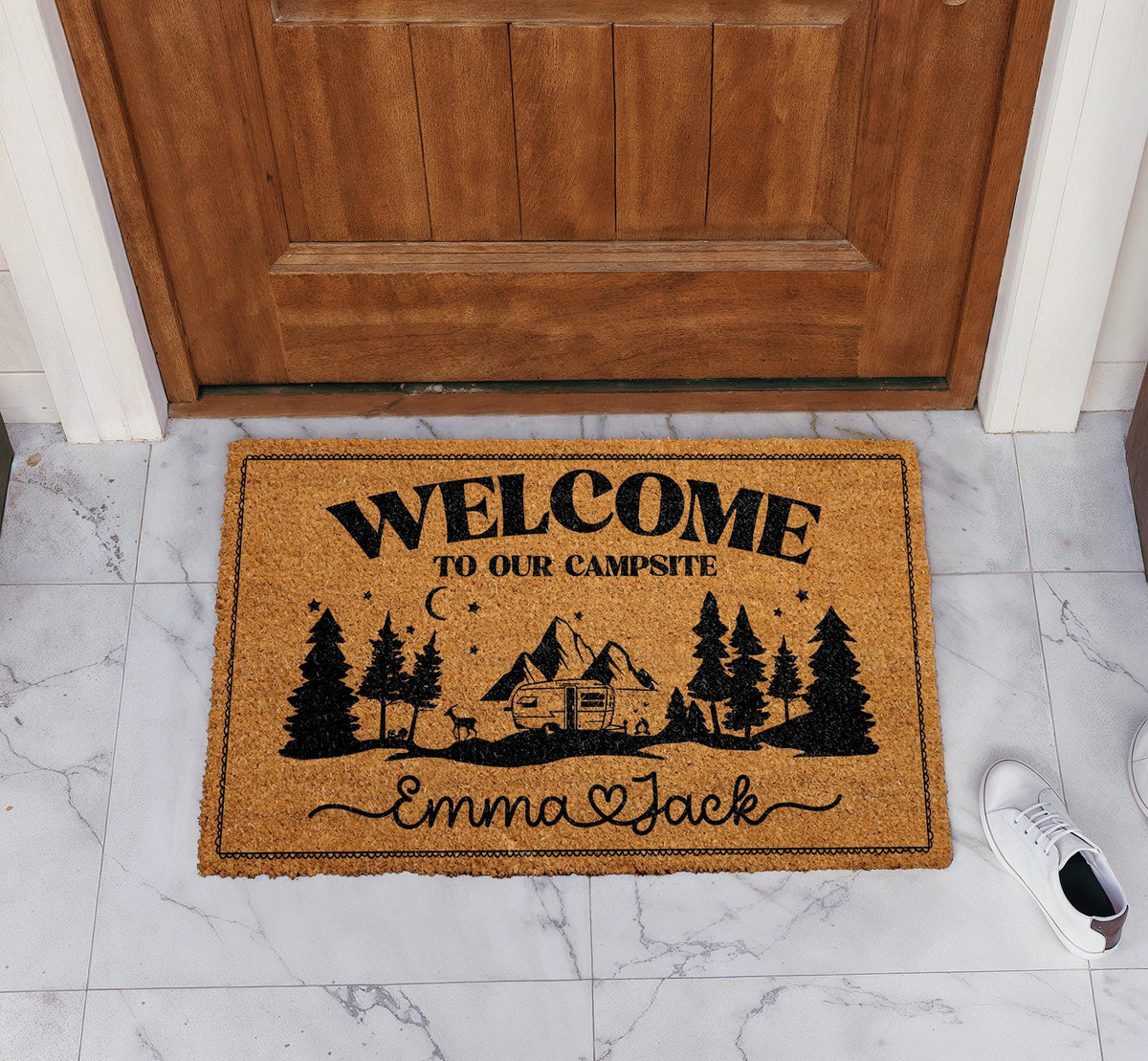 Custom Name Welcome To Our Campsite Doormat, Personalized Camper Couple Welcome Mat