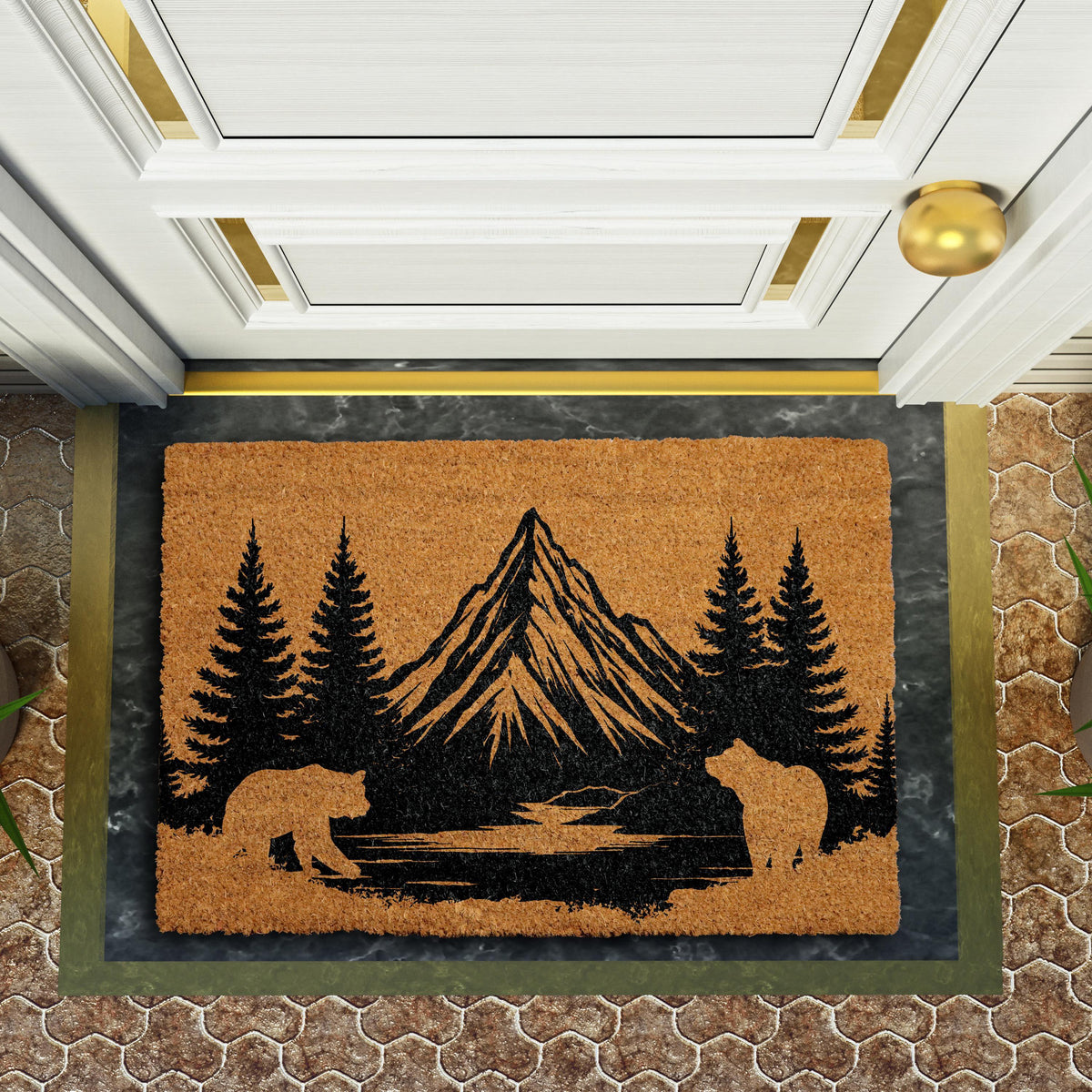 Bear Family & Mountain Silhouette Doormat, Mountain Cabin Welcome Mat