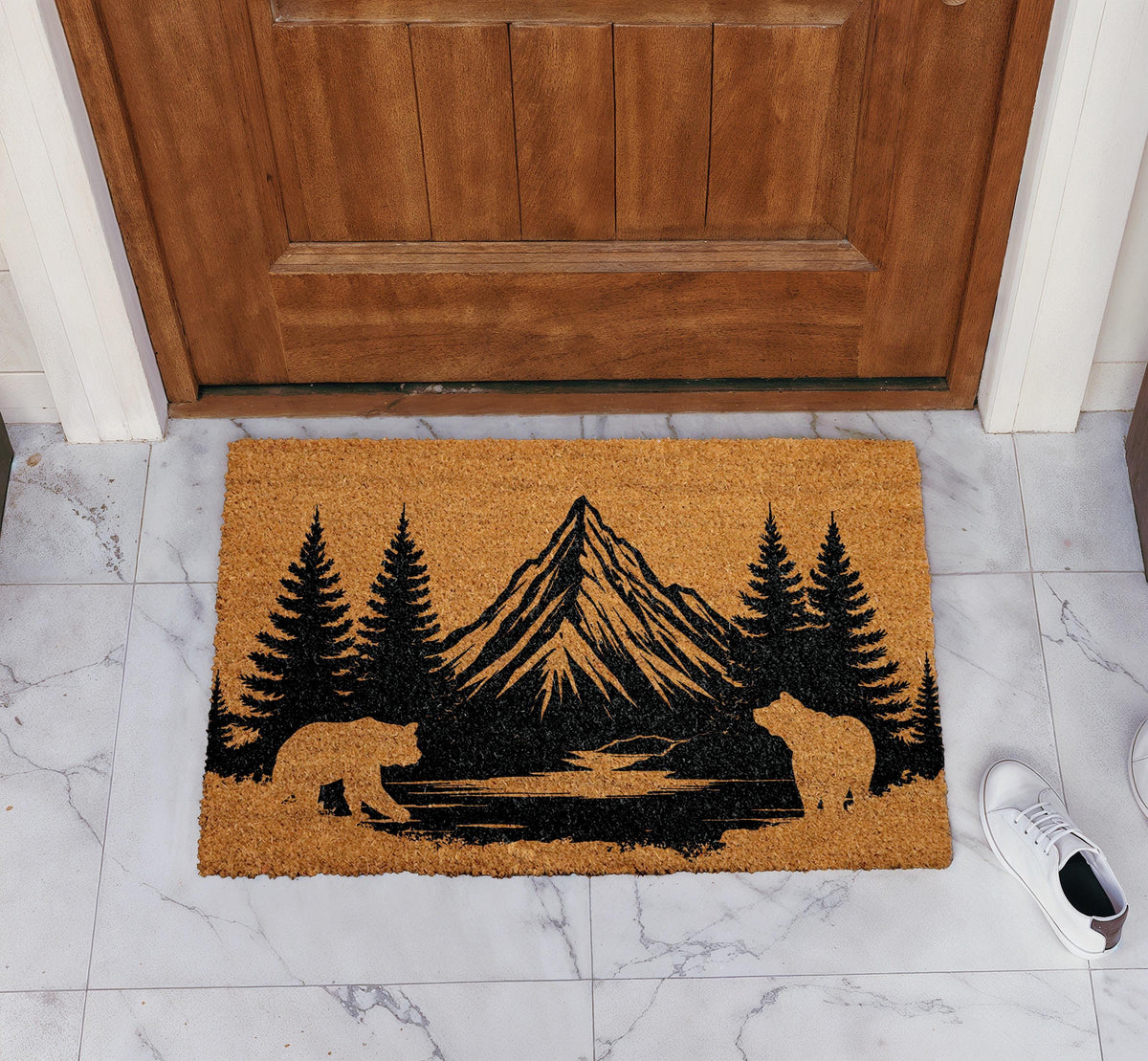 Bear Family & Mountain Silhouette Doormat, Mountain Cabin Welcome Mat