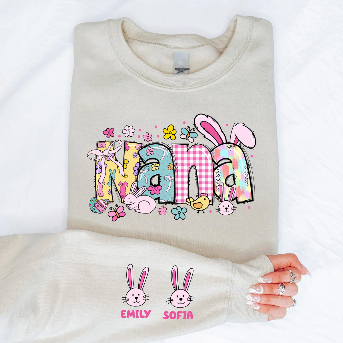 Custom Easter Nana Sweatshirt, Grandkids Names on Sleeve Easter Shirt, Bunny Nana Easter Gift Tee