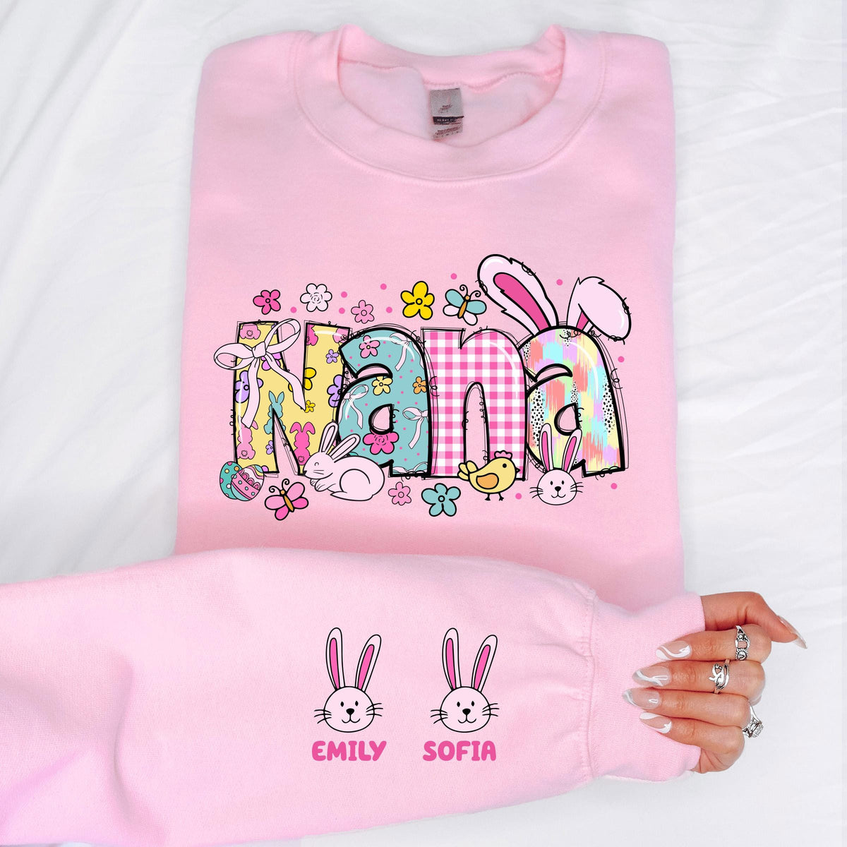 Custom Easter Nana Sweatshirt, Grandkids Names on Sleeve Easter Shirt, Bunny Nana Easter Gift Tee