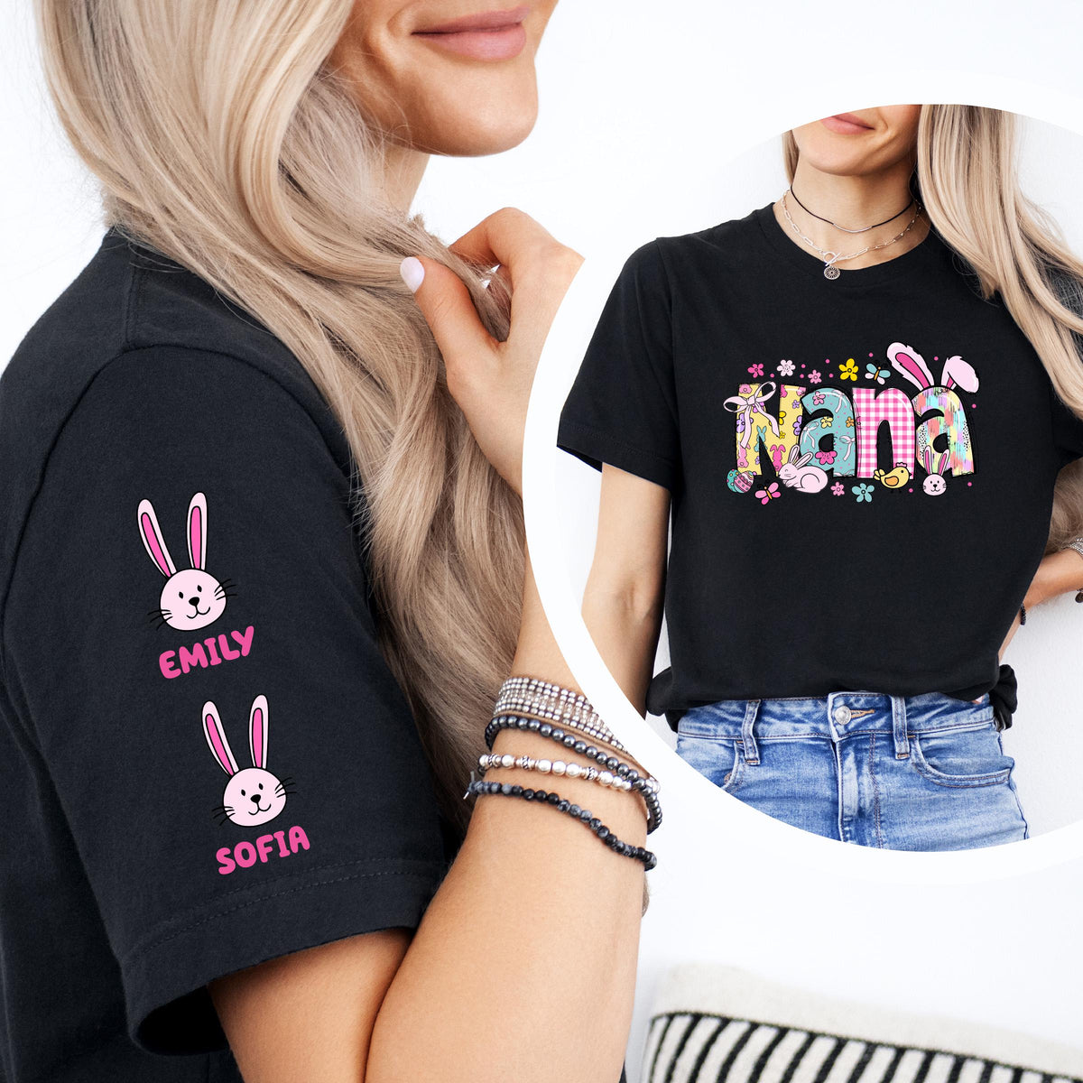 Custom Easter Nana Sweatshirt, Grandkids Names on Sleeve Easter Shirt, Bunny Nana Easter Gift Tee