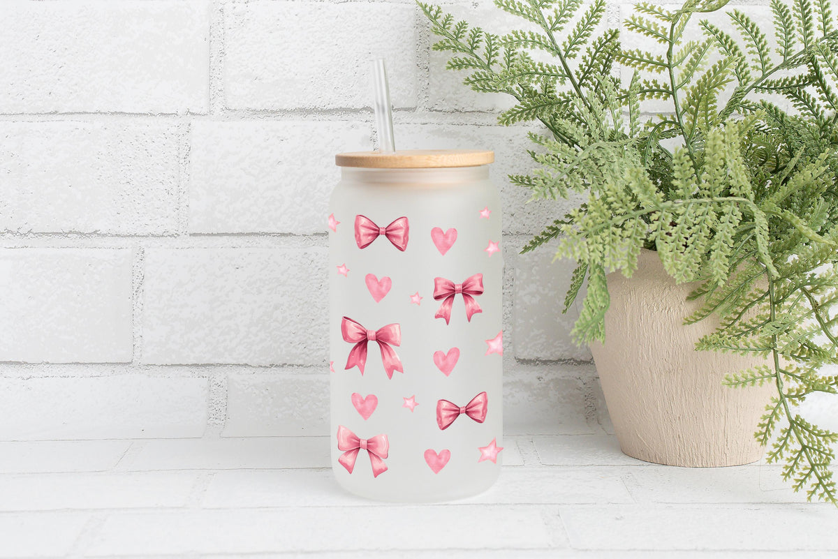 Coquette Pink Bow Glass Tumbler, Girly Iced Coffee Cup, Girly Iced Coffee Glass Cup