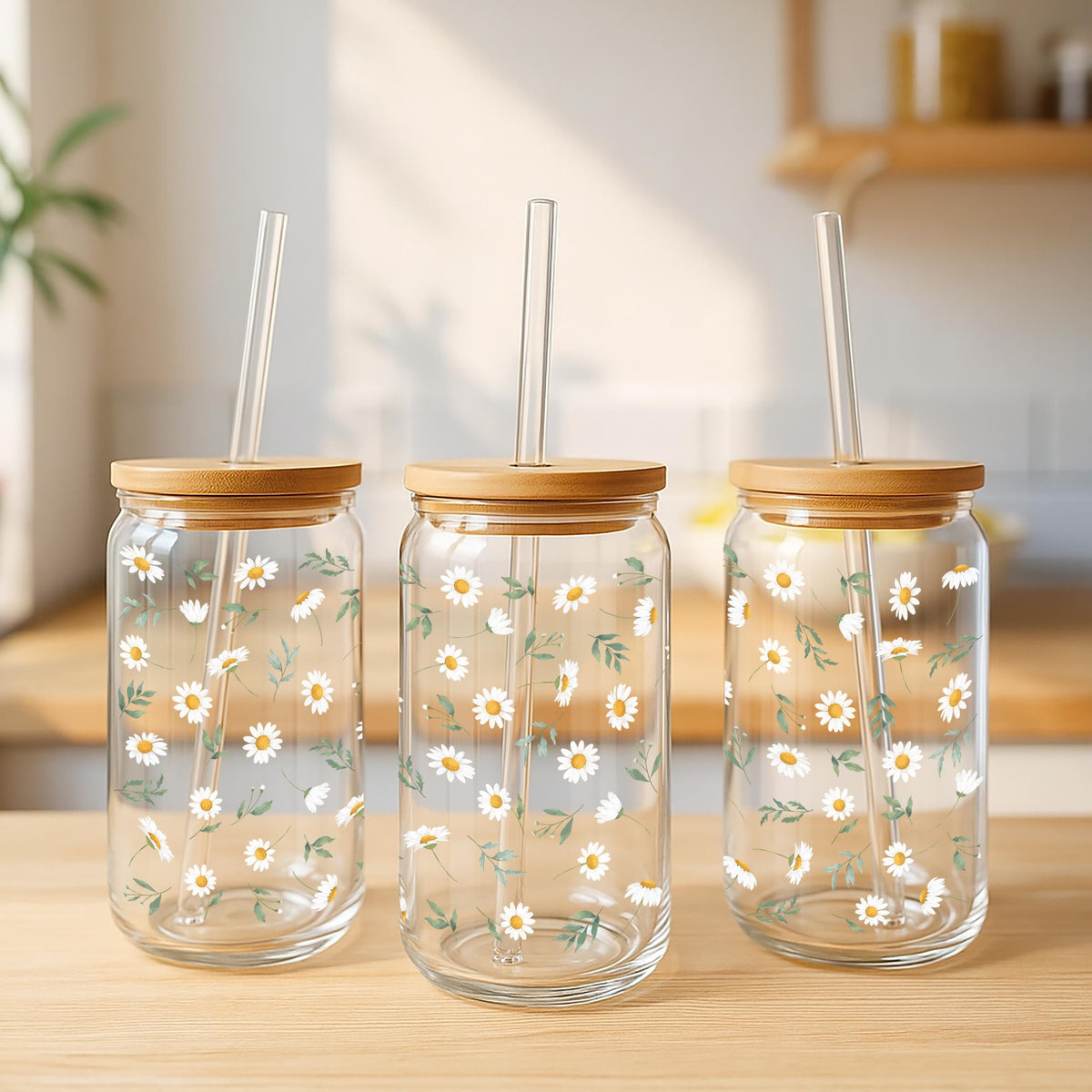Daisy Glass Tumbler, Nature Lover Eco Friendly Cup, Floral Iced Coffee Glass Cup