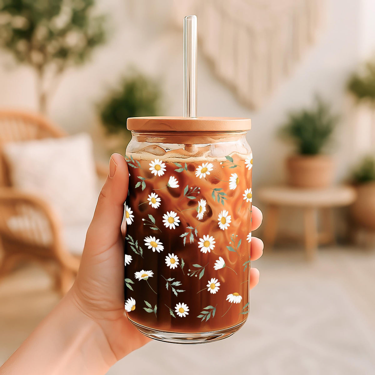 Daisy Glass Tumbler, Nature Lover Eco Friendly Cup, Floral Iced Coffee Glass Cup