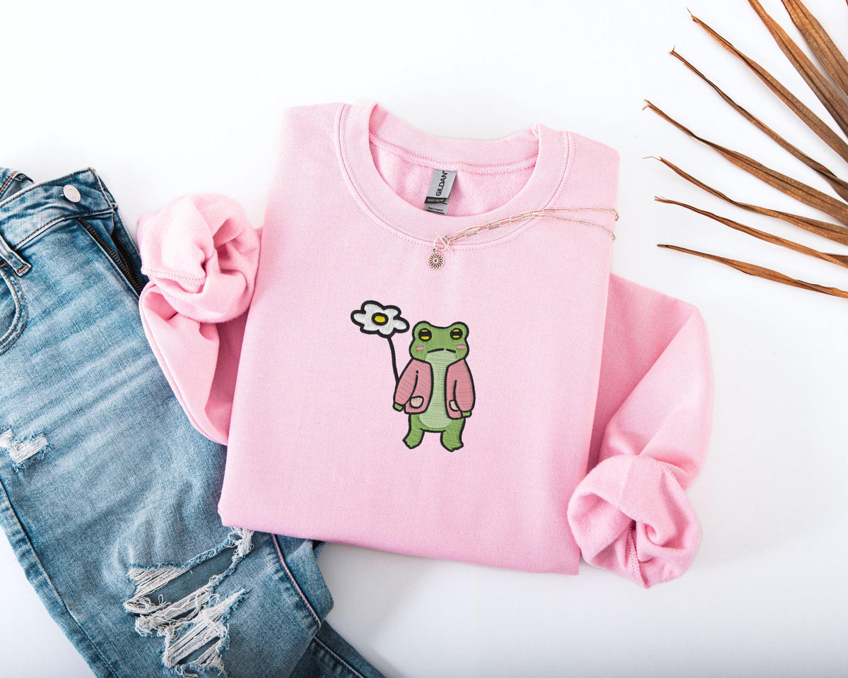 Embroidered Frog With Flower Sweatshirt, Embroidery Floral Frog Sweater, Daisy Embroidery Sweatshirt, Frog Lover Gift, Funny Frog Sweater