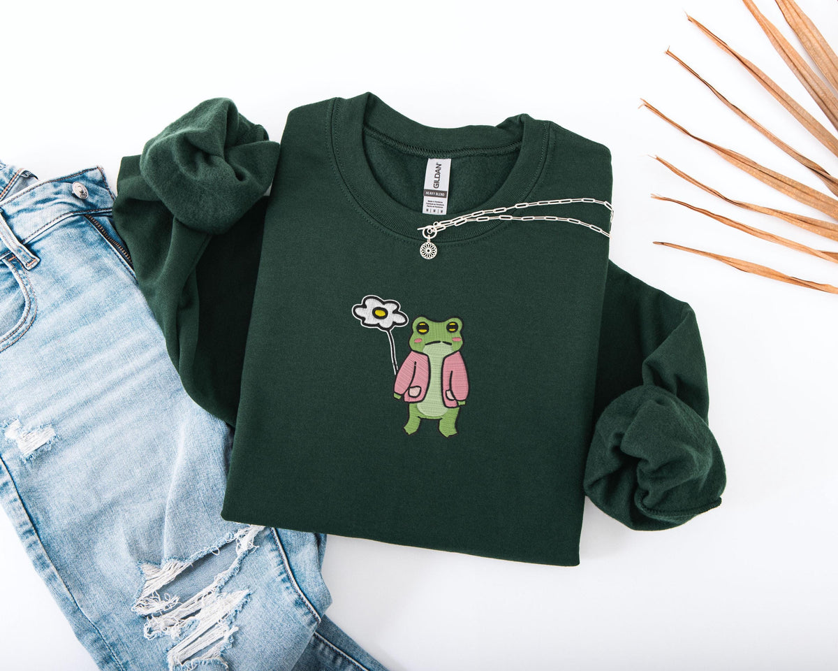 Embroidered Frog With Flower Sweatshirt, Embroidery Floral Frog Sweater, Daisy Embroidery Sweatshirt, Frog Lover Gift, Funny Frog Sweater