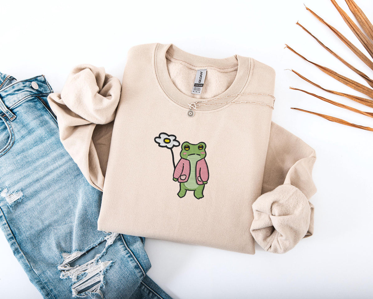 Embroidered Frog With Flower Sweatshirt, Embroidery Floral Frog Sweater, Daisy Embroidery Sweatshirt, Frog Lover Gift, Funny Frog Sweater