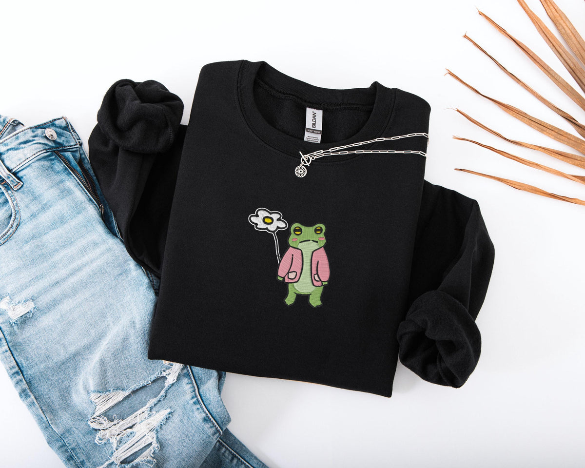 Embroidered Frog With Flower Sweatshirt, Embroidery Floral Frog Sweater, Daisy Embroidery Sweatshirt, Frog Lover Gift, Funny Frog Sweater