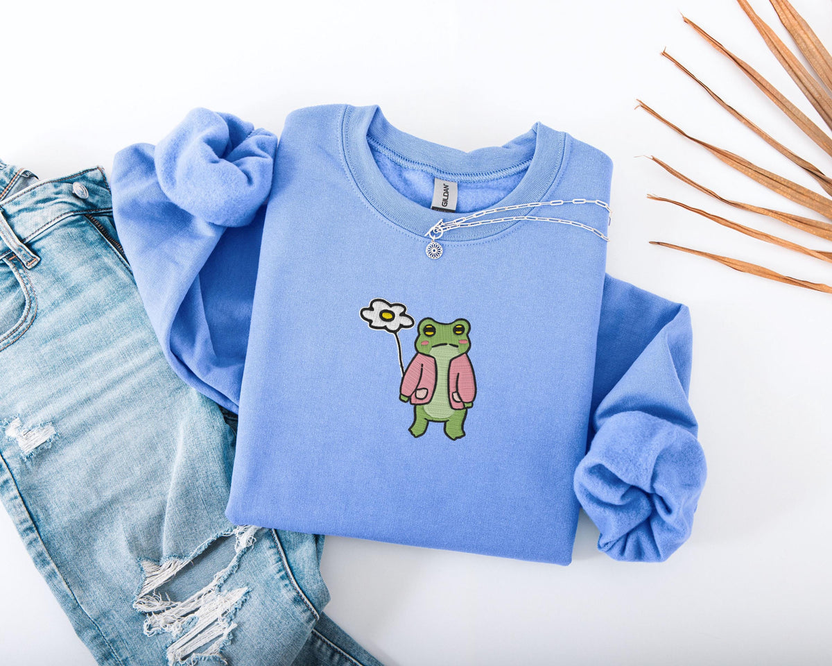 Embroidered Frog With Flower Sweatshirt, Embroidery Floral Frog Sweater, Daisy Embroidery Sweatshirt, Frog Lover Gift, Funny Frog Sweater